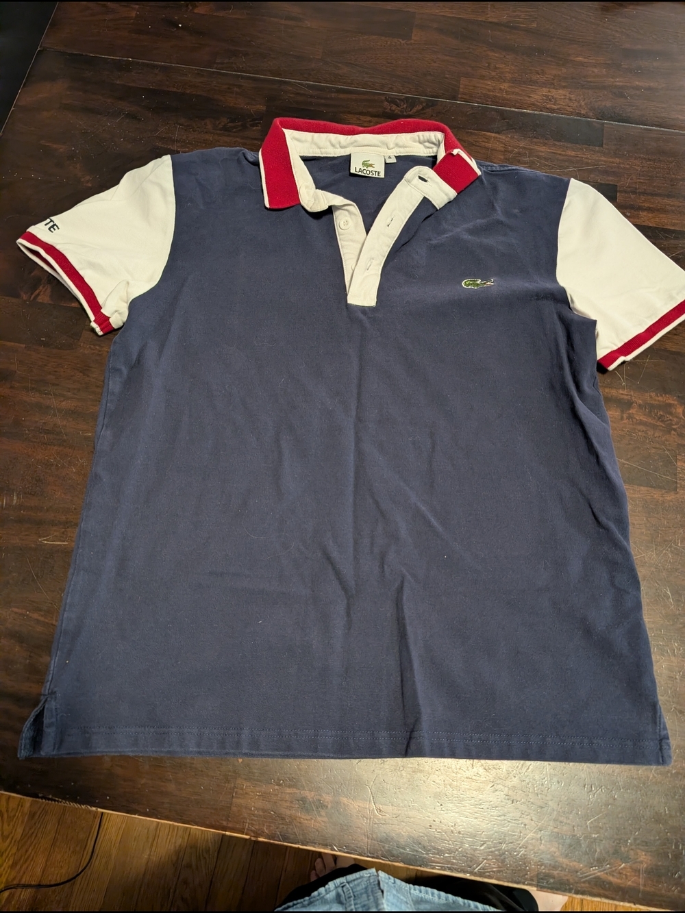 Lacoste Navy Polo with White Sleeves and Red Collar, Mens 4/M
